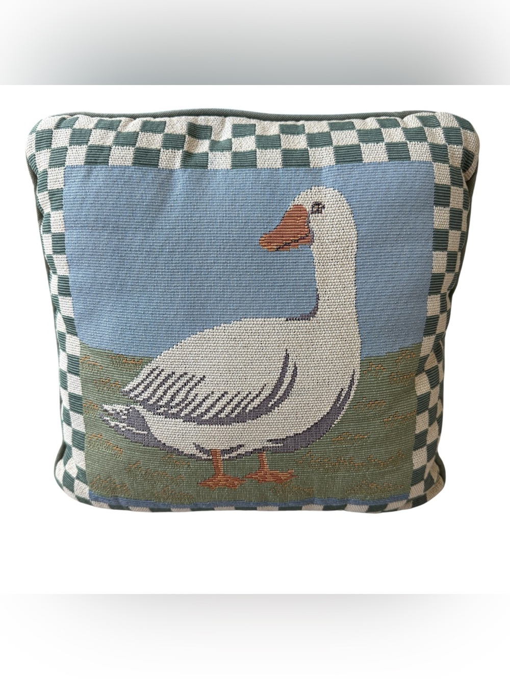 Vintage Goose Tapestry Pillow Cottagecore Grandmillennial Checkerboard Farmhouse